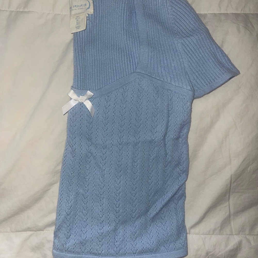 Light Blue Knit Top with Bow Accent
